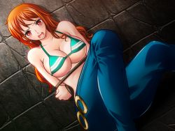 Rule 34 | 1girl, against wall, arms behind back, bare arms, bare shoulders, bdsm, bikini, bikini top only, blue pants, bondage, bound, breasts, cleavage, denim, earrings, female focus, indoors, jeans, jewelry, kodamashi, large breasts, legs, long hair, looking at viewer, nami (one piece), one piece, open mouth, orange hair, pants, red eyes, restrained, rope, sitting, solo, sweatdrop, swimsuit, thighs, underboob, wall
