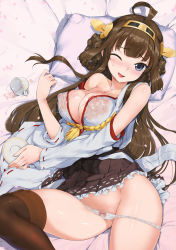 Rule 34 | 10s, 1girl, ;), ahoge, aokihoshi, bare shoulders, blush, boots, breasts, brown hair, brown skirt, brown thighhighs, collarbone, covered erect nipples, cup, detached sleeves, double bun, frilled skirt, frills, hair bun, hairband, headgear, highres, japanese clothes, kantai collection, kongou (kancolle), large breasts, long hair, looking at viewer, lying, nontraditional miko, on back, one eye closed, panties, pillow, ribbon-trimmed sleeves, ribbon trim, saucer, see-through, skirt, smile, solo, spill, teacup, thigh boots, thighhighs, underwear, wet, wet clothes, white panties