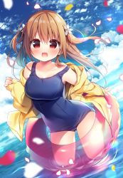 Rule 34 | 1girl, :d, blue one-piece swimsuit, blue sky, blush, breasts, brown hair, cloud, cloudy sky, collarbone, commentary request, day, drawstring, floating hair, flower, hair between eyes, hair flower, hair ornament, hanamiya natsuka, hood, hood down, hooded jacket, horizon, innertube, jacket, long hair, long sleeves, looking at viewer, medium breasts, ocean, old school swimsuit, one-piece swimsuit, open clothes, open jacket, open mouth, original, outdoors, petals, pinching sleeves, school swimsuit, sky, sleeves past wrists, smile, solo, standing, strap slip, swim ring, swimsuit, transparent, two side up, very long hair, water, white flower, yellow jacket