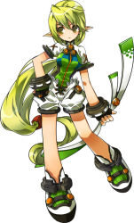 Rule 34 | 1girl, bow (weapon), combat ranger (elsword), elsword, full body, gloves, green eyes, green hair, long hair, matching hair/eyes, no nose, official art, pointy ears, rena erindel, ress, shoes, shorts, smile, solo, weapon, white background