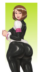 Rule 34 | 1girl, abyssdagon, ass, back, belt, black bodysuit, bodysuit, boku no hero academia, breasts, brown eyes, brown hair, curvy, from behind, highres, huge ass, large breasts, lips, looking at viewer, looking back, open mouth, short hair, sideboob, simple background, smile, solo, thick thighs, thighs, uraraka ochako, wide hips