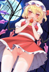 1girl absurdres ascot blonde_hair blush breasts cleft_of_venus crystal flandre_scarlet food fruit harunoha hat highres holding holding_food holding_fruit looking_at_viewer medium_breasts mob_cap moon no_panties outdoors puffy_short_sleeves puffy_sleeves pussy pussy_juice red_eyes red_skirt red_vest ribbon shirt short_sleeves side_ponytail skirt skirt_set sky solo star_(sky) starry_sky thighhighs touhou vest white_hat white_shirt white_thighhighs wings yellow_ascot