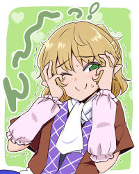 Rule 34 | 1girl, black shirt, blonde hair, blush, breasts, brown shirt, closed mouth, commentary request, green eyes, half updo, hands on own face, looking at viewer, mizuhashi parsee, one eye closed, pointy ears, scarf, shio (futatsumami), shirt, short hair, short ponytail, short sleeves, small breasts, smile, solo, touhou, trembling, undershirt, upper body, white scarf