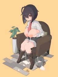 Rule 34 | 1girl, absurdres, ahoge, artist name, black hair, blush, boots, breast lift, breast milk, breasts, breasts out, brown eyes, bucket, chair, clothes lift, collared shirt, embarrassed, hair between eyes, highres, lactation, large areolae, large breasts, looking at viewer, necktie, neckwear between breasts, nipples, original, plant, potted plant, red necktie, shiny skin, shirt, shirt lift, short hair, shorts, signature, sitting, solo, spilled milk, spy (user jxcc8553), yellow background