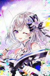 Rule 34 | 1girl, :d, bare shoulders, bow, crossed bangs, flower, grey hair, hair bow, hair flower, hair ornament, highres, holding, holding weapon, hololive, hololive indonesia, japanese clothes, kimono, long hair, looking at viewer, one eye closed, open mouth, purple eyes, smile, solo, sowon, upper body, vestia zeta, vestia zeta (new year), virtual youtuber, weapon