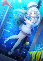 Rule 34 | 1girl, bare shoulders, blue eyes, bubble, collar, corded phone, fish, full body, hat, holding, long hair, original, phone, phone booth, silver hair, snow (gi66gotyo), solo, surreal, underwater
