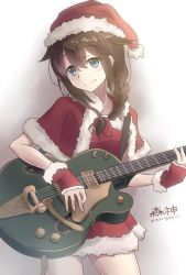 Rule 34 | 10s, 1girl, blue eyes, braid, brown hair, electric guitar, gloves, guitar, hair flaps, hair over shoulder, hat, instrument, kantai collection, looking away, morigami (morigami no yashiro), santa costume, santa hat, shigure (kancolle), shigure kai ni (kancolle), single braid, solo