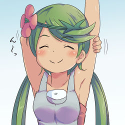 Rule 34 | 1girl, arm behind head, armpits, arms up, blush, closed eyes, collarbone, creatures (company), flower, game freak, green hair, hair flower, hair ornament, long hair, low twintails, mallow (pokemon), nekono rin, nintendo, pokemon, pokemon sm, smile, solo, stretching, trial captain, twintails
