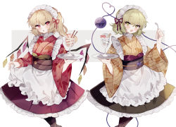 Rule 34 | 2girls, :d, alternate costume, apron, blush, boots, brown footwear, commentary request, cross-laced footwear, crystal, eyeball, feet out of frame, flandre scarlet, food, frills, green eyes, hair ribbon, hands up, heart, heart of string, highres, holding, holding plate, holding spoon, knee boots, komeiji koishi, lace-up boots, leaf print, lifted by self, long sleeves, looking at viewer, maid, maid apron, maid headdress, multiple girls, open mouth, parfait, plate, purple ribbon, red ribbon, ribbon, short hair, siblings, simple background, sisters, smile, sorani (kaeru0768), spoon, standing, sweets, tagme, third eye, touhou, wa maid, waist apron, white background, wide sleeves, wings