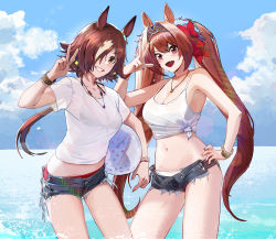 Rule 34 | 2girls, :d, absurdres, animal ears, armpits, ball, bare shoulders, beachball, bikini, bikini under clothes, blue sky, blush, bow, bracelet, breasts, brown eyes, brown hair, camisole, cleavage, cloud, collarbone, commentary, cowboy shot, daiwa scarlet (umamusume), day, denim, denim shorts, ear ribbon, fang, glint, grin, hair between eyes, hair intakes, hair over one eye, hand on own hip, hand up, highres, holding, holding ball, horse ears, horse girl, huge filesize, jewelry, kawa683, large breasts, long hair, looking at viewer, low ponytail, medium breasts, midriff, multicolored hair, multiple girls, navel, necklace, ocean, open mouth, outdoors, red bikini, red bow, red eyes, see-through, shirt, short shorts, short sleeves, shorts, sidelocks, skin fang, sky, smile, standing, swimsuit, tail, teeth, tiara, tied shirt, twintails, two-tone hair, umamusume, v, very long hair, vodka (umamusume), wet, wet clothes, wet shirt, white bikini, white camisole, white hair, white shirt