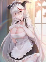 Rule 34 | 1girl, absurdres, aegir (azur lane), aegir (iron blood&#039;s dragon maid) (azur lane), alternate costume, apron, arm garter, azur lane, bandeau, bare arms, bare shoulders, black skirt, breasts, cleavage, commentary request, enmaided, fellatio gesture, frilled apron, frills, garter straps, hair between eyes, hairband, hand gesture, hands up, highres, horns, indoors, large breasts, lingshalan, long hair, looking at viewer, maid, maid apron, maid headdress, miniskirt, multicolored hair, open mouth, parted lips, penetration gesture, petticoat, red hair, skirt, solo, streaked hair, thighhighs, very long hair, waist apron, white apron, white hair, white thighhighs, window, yellow eyes, zettai ryouiki