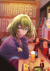 Rule 34 | 1girl, alcohol, beer, blue eyes, blurry, blurry background, blurry foreground, blush, bottle, brown hair, can, closed mouth, comiket 93, cup, depth of field, elbow rest, food, green eyes, hair between eyes, heterochromia, idolmaster, idolmaster cinderella girls, izakaya, kagawa ichigo, looking at viewer, mole, mole under eye, nail polish, red nails, ribbed sweater, short hair, sleeves past wrists, smile, solo, sweater, takagaki kaede
