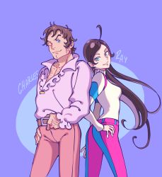 Rule 34 | 1boy, 1girl, absurdres, ahoge, aqua eyes, belt, belt buckle, blue background, blue eyes, blue pants, bomhat, brown hair, buckle, character name, charles beams, chest hair, closed mouth, collarbone, commentary, cowboy shot, eureka seven, eureka seven (series), hand on own hip, highres, long hair, long sleeves, looking at viewer, one eye closed, pants, parted lips, pink pants, pink shirt, purple background, ray beams, shirt, short hair, sideburns, smile, striped clothes, striped pants, two-tone background, white shirt
