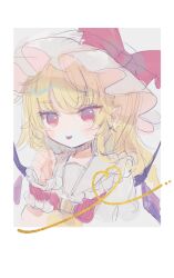 Rule 34 | 1girl, ascot, bat wings, blonde hair, crystal, flandre scarlet, hat, hat ribbon, heart, heart of string, hiyuu (hiyualice), mob cap, multicolored wings, one side up, open mouth, puffy short sleeves, puffy sleeves, red eyes, red vest, ribbon, short sleeves, side ponytail, skirt, skirt set, solo, touhou, upper body, vest, white hat, wings, yellow ascot