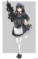 Rule 34 | 1girl, absurdres, apron, assault rifle, black dress, black footwear, black hair, blue eyes, bullpup, closed mouth, commentary request, crossed legs, dress, fingerless gloves, fn f2000, fn herstal, frilled apron, frills, garter straps, glock, gloves, grey background, grey gloves, gun, handgun, highres, holding, holding gun, holding weapon, karambit, loafers, long hair, maid, maid headdress, modular weapon system, ndtwofives, original, puffy short sleeves, puffy sleeves, rifle, shoes, short sleeves, smile, solo, thighhighs, twitter username, two-tone background, very long hair, weapon, white apron, white background, white thighhighs