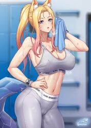 Rule 34 | 1girl, ahri (league of legends), animal ear fluff, animal ears, bare shoulders, blonde hair, blue eyes, blurry, blurry background, blush, breasts, cleavage, clothes writing, collarbone, commentary, covered erect nipples, cowboy shot, crystal tail, facial mark, fox ears, fox girl, gonster, grey leggings, grey sports bra, hand on own hip, highres, holding, holding towel, indoors, k/da (league of legends), k/da ahri, large breasts, league of legends, leggings, locker, locker room, long hair, looking at viewer, midriff, navel, open mouth, signature, solo, sports bra, standing, tail, towel, whisker markings, wristband