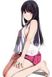 Rule 34 | 1girl, bad feet, bare arms, bare shoulders, barefoot, black hair, blush, breasts, eyebrows, feet, from side, full body, grey eyes, highres, long hair, looking at viewer, looking to the side, matsunaga kouyou, medium breasts, no bra, parted lips, pink shorts, shirt, shorts, sideboob, simple background, sitting, sleeveless, sleeveless shirt, solo, toes, very long hair, white background, white shirt