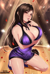 Rule 34 | 1futa, arm under breasts, bare shoulders, blush, breasts, brown hair, bulge, cleavage, dress, erection, erection under clothes, exlic, final fantasy, final fantasy vii, fingers to chin, futanari, hand on own chin, high heels, highres, kneeling, large breasts, long hair, looking at viewer, nail polish, parted lips, penis, petals, precum, purple dress, purple footwear, red eyes, smile, solo, sparkle, spotlight, swept bangs, thighs, tifa lockhart, tifa lockhart (refined dress)