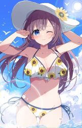 Rule 34 | 1girl, bikini, blue eyes, blue sky, breasts, brown hair, cleavage, cloud, commentary request, cowboy shot, day, floral print, flower, frilled bikini, frills, gluteal fold, groin, hat, hat flower, highres, large breasts, long hair, looking at viewer, marine day, mochigome (ununquadium), one eye closed, original, outdoors, side-tie bikini bottom, sky, solo, sun, sun hat, sunflower, swimsuit, water, white bikini, white hat