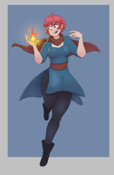 Rule 34 | 1girl, arms up, belt, boots, breasts, cape, fire, full body, highres, hisian mix, long hair, magic, nose, open mouth, original, red hair, short hair, simple background, smile, solo, thighs, very short hair