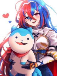 Rule 34 | 1girl, alear (female) (fire emblem), alear (fire emblem), animal, animal ears, armor, blue eyes, blue hair, breasts, crossed bangs, fire emblem, fire emblem engage, gloves, heterochromia, highres, jewelry, long hair, looking at viewer, medium breasts, multicolored hair, nintendo, open mouth, pochaimo, red eyes, red hair, scarf, smile, solo, sommie (fire emblem), split-color hair, tiara, two-tone hair, very long hair