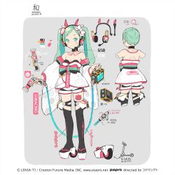 Rule 34 | 1girl, aqua eyes, aqua hair, bare back, black thighhighs, bow, bowtie, character sheet, commentary, crypton future media, detached collar, detached sleeves, goodsmile racing, hair bow, hair ornament, haregi, hatsune miku, headset, highres, holding, impact wrench, japanese clothes, kimono, leg tattoo, len (a-7), long hair, looking at viewer, motor vehicle, piapro, racing miku, racing miku (2020), sandals, scooter, smile, smiley face, tattoo, thighhighs, translated, twintails, vocaloid, wheel, white kimono, white sleeves, zouri