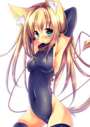 Rule 34 | 1girl, animal ears, aqua eyes, armpits, arms behind head, arms up, black gloves, black thighhighs, blonde hair, blush, breasts, cat ears, cat tail, collar, covered erect nipples, covered navel, elbow gloves, gloves, highleg, highleg leotard, hikanyan, leash, leotard, long hair, looking at viewer, medium breasts, original, simple background, solo, tail, thighhighs, very long hair