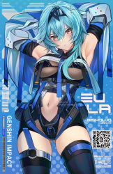 Rule 34 | 1girl, absurdres, alternate costume, armpits, arms up, blue background, blue hair, breasts, closed mouth, cowboy shot, detached sleeves, english text, eula (genshin impact), genshin impact, gluteal fold, hairband, highres, large breasts, long sleeves, midriff, navel, nekodayo22, qr code, revealing clothes, simple background, solo, stomach, thighhighs, thighs, underboob
