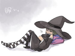Rule 34 | bad id, bad pixiv id, detached sleeves, hat, inemuri uno, lying, no shoes, original, solo, striped clothes, striped thighhighs, thighhighs, witch hat
