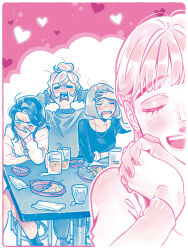 Rule 34 | 4girls, alcohol, arai sumiko, beer, blush, cardigan, closed eyes, collarbone, commentary request, covering own ears, covering own mouth, drinking straw, food, glass, hair bun, heart, jewelry, kneehighs, long sleeves, multiple girls, multiple monochrome, necklace, open mouth, original, own hands together, second-party source, shirt, short hair, single hair bun, sitting, socks, sweater, table, teeth, upper teeth only