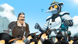 Rule 34 | 1boy, 1other, ^ ^, ambiguous gender, apex legends, bird, black gloves, black hair, bloodhound (apex legends), brown jacket, cable, closed eyes, eyepatch, facial hair, frosthaven bloodhound, fuse (apex legends), gloves, grey hair, hand on own hip, highres, jacket, mask, multicolored hair, murata miku, mustache, official alternate costume, one eye covered, open hands, penguin, red shirt, scar, scar across eye, shirt, sky, snow, streaked hair, surprised, sweatdrop, too many penguins