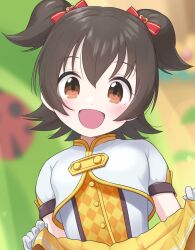 Rule 34 | 1girl, :d, akagi miria, black hair, blurry, blurry background, blush, bow, brown eyes, buttons, clothes lift, commentary request, dot nose, gloves, hair between eyes, hair bow, hand up, highres, idolmaster, idolmaster cinderella girls, jacket, l.m.b.g (idolmaster), lifted by self, looking at viewer, open mouth, out-of-frame censoring, shirt, short hair, short sleeves, short twintails, sidelocks, skirt, skirt lift, smile, solo, twintails, white gloves, white jacket, white shirt, yama tatsuo, yellow skirt