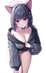 Rule 34 | 1girl, absurdres, animal ears, black hair, blue archive, blush, breasts, cat ears, cleavage, eyeliner, halo, highres, jacket, kazusa (blue archive), leaning forward, looking at viewer, makeup, medium hair, metaljelly, multicolored hair, open mouth, pink eyes, pink hair, short hair, simple background, sleeves past wrists, solo, two-tone hair, white background