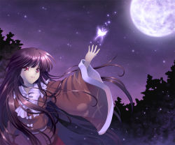 Rule 34 | 1girl, brown hair, bug, butterfly, female focus, forest, full moon, glowing, houraisan kaguya, bug, long hair, mauve, moon, nature, night, night sky, outstretched arm, red eyes, sky, solo, tears, touhou, tree, very long hair, wind