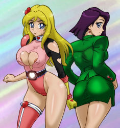 Rule 34 | 2girls, areolaex, ass, blonde hair, blue eyes, blush, breasts, cameltoe, covered erect nipples, curvy, david cardenas, dual persona, earrings, gloves, jewelry, large breasts, leotard, long hair, miniskirt, multiple girls, original, pulsar pureheart, purple hair, simple background, skirt, thighhighs, zettai ryouiki