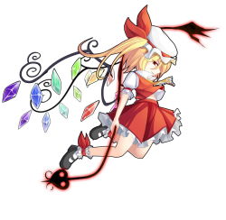 Rule 34 | 1girl, ankle cuffs, ascot, blonde hair, bow, curly hair, flandre scarlet, floating, full body, glowing, glowing weapon, hat, hat bow, laevatein, mary janes, midriff, mob cap, red eyes, sash, shoes, side ponytail, simple background, smirk, solo, touhou, weapon, white background, wings, z.o.b