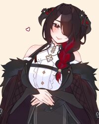 Rule 34 | 1girl, bare shoulders, black hair, braid, breasts, bright pupils, colored inner hair, demon horns, frilled shirt, frills, hair over one eye, highres, hololive, hololive english, horns, hoshiiii art, large breasts, long hair, looking at viewer, mamarissa ravencroft, mature female, mole, mole under eye, multicolored hair, red eyes, red hair, shirt, smile, two-tone hair, virtual youtuber, white pupils