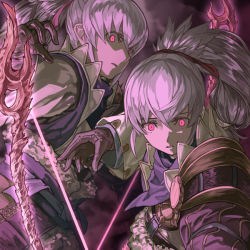 Rule 34 | 2boys, aiming, anankos, archery, armor, aura, bow (weapon), brown gloves, clone, fire emblem, fire emblem fates, fog, fujin yumi (fire emblem), fur trim, gloves, grey hair, hair between eyes, hair ribbon, harusame (rueken), high collar, high ponytail, holding, holding bow (weapon), holding weapon, long hair, long sleeves, looking at viewer, male focus, multiple boys, nintendo, outstretched arm, parted lips, pink eyes, ponytail, possessed, possession, red ribbon, ribbon, shoulder armor, sidelocks, spoilers, standing, takumi (fire emblem), tsurime, weapon, wide-eyed, yumi (bow)