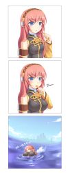 Rule 34 | 1girl, 3koma, :&lt;, :t, = =, bad id, bad pixiv id, blue eyes, breast expansion, breasts, comic, highres, inflation, large breasts, long hair, megurine luka, pink hair, swimming, translated, triangle mouth, vocaloid, water, zenn