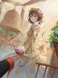 Rule 34 | 10s, 1girl, alcohol, bell, blurry, brooch, brown eyes, brown hair, cup, depth of field, dress, drinking glass, elbow gloves, gloves, highres, huozhazha, jewelry, kill la kill, looking at viewer, matoi ryuuko, multicolored hair, senketsu, short hair, smile, solo, spilling, streaked hair, tiara, two-tone hair, veil, wine, wine glass, ylpylf