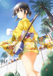Rule 34 | 1girl, :o, ass, black hair, blush, cactus, instrument, japanese clothes, kimono, kneepits, looking at viewer, looking back, low twintails, obi, original, palm tree, red eyes, sash, shamisen, short hair, short kimono, short twintails, solo, tiv, tree, twintails
