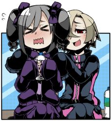 Rule 34 | &gt; &lt;, 2girls, ayame hashinimasen, blonde hair, blush, bottle, bow, commentary request, drill hair, ear piercing, grey hair, hair bow, hair over one eye, hands on another&#039;s shoulders, idolmaster, idolmaster cinderella girls, jacket, kanzaki ranko, long hair, long sleeves, multiple girls, open mouth, piercing, purple bow, red eyes, rosenburg alptraum, shirasaka koume, short hair, sitting, sleeves past fingers, sleeves past wrists, smile, track jacket, track suit, twin drills, twintails, water bottle, wavy mouth