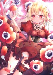 Rule 34 | 1girl, anemone (flower), blonde hair, blush, breasts, dress, flower, gluteal fold, highres, long hair, looking at viewer, medium breasts, original, panties, petals, red background, red dress, red eyes, signature, solo, tenti0619, thigh strap, underwear, white panties