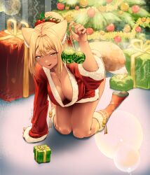 1girl 2025 absurdres breasts christmas dark_skin fox fox_girl happynewyear_2025 highres kitsune large_breasts new_year original tan tesserax_art xmas_art