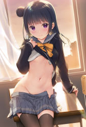 Rule 34 | 1girl, 3:, backlighting, black thighhighs, blue hair, blunt bangs, blush, bow, bowtie, breasts, closed mouth, clothes lift, clothes pull, cowboy shot, curtains, desk, dutch angle, embarrassed, female focus, grey skirt, groin, hair bun, hand on own chest, indoors, lifting own clothes, long hair, long sleeves, looking at viewer, love live!, love live! sunshine!!, medium breasts, mignon, navel, no bra, no panties, on table, open clothes, open fly, open skirt, open window, orange bow, orange bowtie, pleated skirt, purple eyes, reflection, school desk, school uniform, serafuku, shirt lift, side bun, single hair bun, single side bun, sitting, skirt, skirt pull, sleeves past wrists, small breasts, solo, stomach, sunlight, sunset, table, thighhighs, tsushima yoshiko, twilight, underboob, window, zettai ryouiki