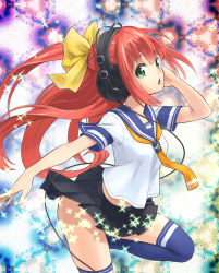 Rule 34 | 1girl, absurdres, artist request, character request, cowboy shot, floating hair, gradient background, green eyes, hair ribbon, headphones, highres, leg lift, light particles, long hair, open mouth, red hair, ribbon, school uniform, serafuku, short sleeves, sleeve cuffs, solo, wind, wind lift