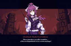 Rule 34 | 1girl, araimin, artist name, blush, bow, breasts, character name, coat, commentary, crossed bangs, crossover, english text, fake screenshot, fate (series), fur trim, glasses, hair ribbon, hand up, helltaker, highres, holding, holding wand, jacket, long hair, looking at viewer, parody, pink scarf, ponytail, purple hair, red eyes, ribbon, scarf, scathach (fate), scathach skadi (fate), skirt, solo, wand