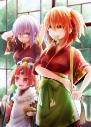 Rule 34 | 3girls, :d, absurdres, ahoge, alternate costume, apron, arms behind back, benienma (fate), breasts, commentary request, dot nose, fate/grand order, fate (series), flat chest, fujimaru ritsuka (female), glasses, green apron, hair between eyes, hair ornament, hair over one eye, hair scrunchie, hat, highres, holding, in mouth, japanese clothes, kimono, large breasts, long sleeves, mash kyrielight, mash kyrielight (enma-tei uniform), medium breasts, multiple girls, official alternate costume, one side up, open mouth, orange eyes, orange hair, parted bangs, ponytail, purple eyes, red eyes, red hair, red kimono, saku akiya, scrunchie, short hair, short sleeves, side ponytail, smile, teeth, upper teeth only, wide sleeves