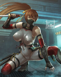 Rule 34 | 1girl, absurdres, artist name, black gloves, bodysuit, breasts, brown eyes, brown hair, covered erect nipples, covered navel, dead or alive, female focus, fingerless gloves, fishnets, gloves, grey bodysuit, hair ribbon, high heel sandals, high heels, highres, holding, holding sword, holding weapon, kasumi (doa), large breasts, long hair, looking at viewer, mask, matching hair/eyes, ninja, ponytail, ribbon, sandals, signature, skin tight, solo, sword, thigh strap, tomo eokaiteru, weapon, yellow ribbon