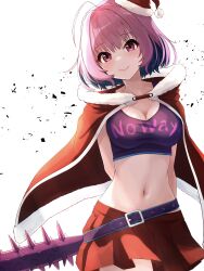 Rule 34 | 1girl, ahoge, arms behind back, belt, black cape, breasts, cape, clothes writing, cropped, english text, fur-trimmed cape, fur-trimmed headwear, fur trim, hat, highres, idolmaster, kamiyaminatsu, large breasts, miniskirt, multicolored hair, navel, pink eyes, pink hair, red hat, red skirt, santa hat, skirt, solo, two-tone hair, weapon, yumemi riamu